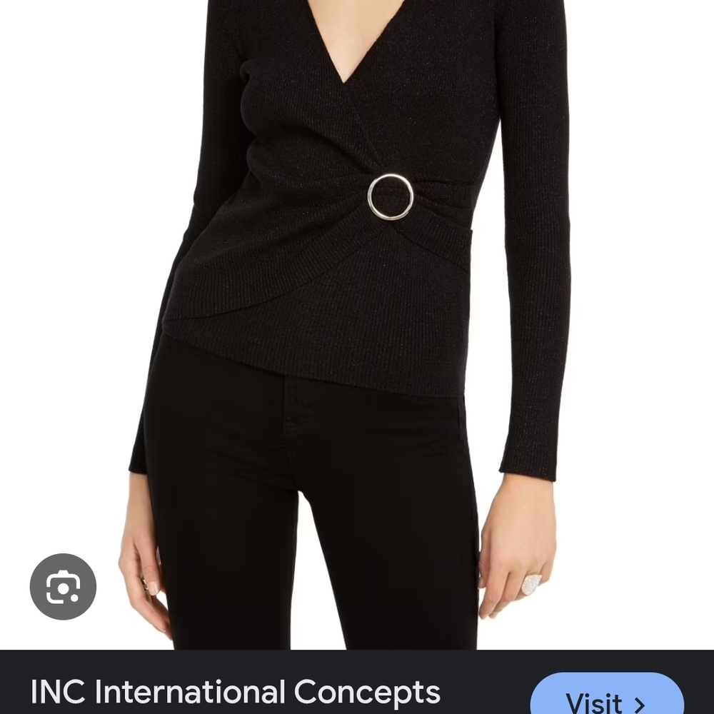 INC International Concepts Women's Metallic Knit Faux Wrap Sweater